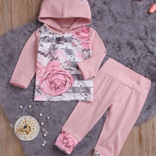 Babypiger Pink Øre-hættetrøje Blomstertryk Langærmet Sweatshirt Og Buksesæt Småbørnstøj