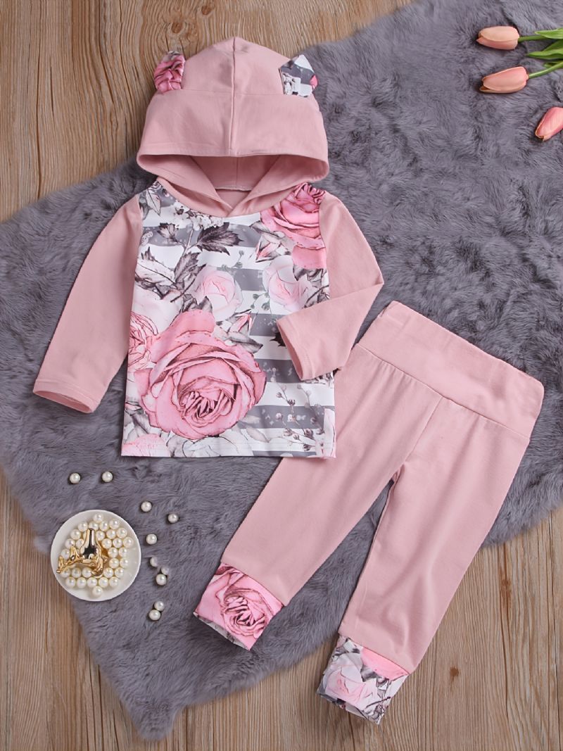 Babypiger Pink Øre-hættetrøje Blomstertryk Langærmet Sweatshirt Og Buksesæt Småbørnstøj