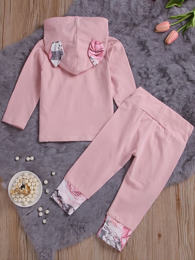 Babypiger Pink Øre-hættetrøje Blomstertryk Langærmet Sweatshirt Og Buksesæt Småbørnstøj