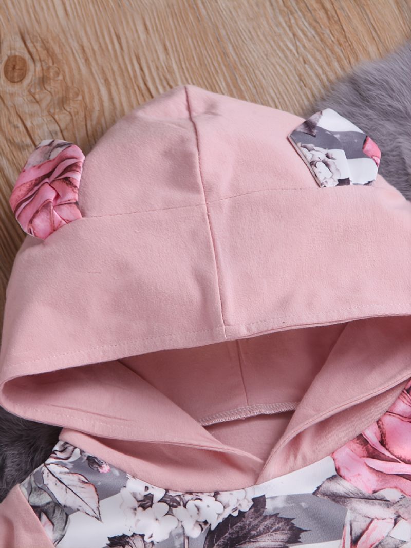 Babypiger Pink Øre-hættetrøje Blomstertryk Langærmet Sweatshirt Og Buksesæt Småbørnstøj