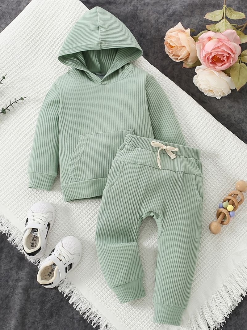 Babypiger Ribbet Hættetrøje Ensfarvet Langærmet Sweatshirt Og Buksesæt Børnetøj