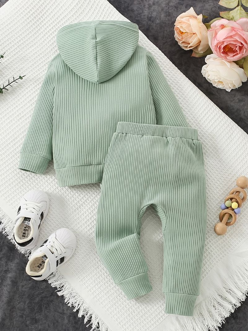 Babypiger Ribbet Hættetrøje Ensfarvet Langærmet Sweatshirt Og Buksesæt Børnetøj