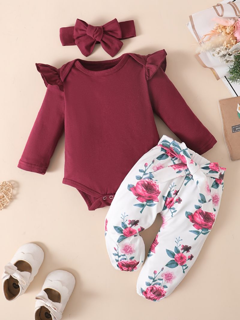Babypiger Romper & Blomsterprint Bukser & Pandebånd Sæt Outfit Bodysuit Onesie Tøj