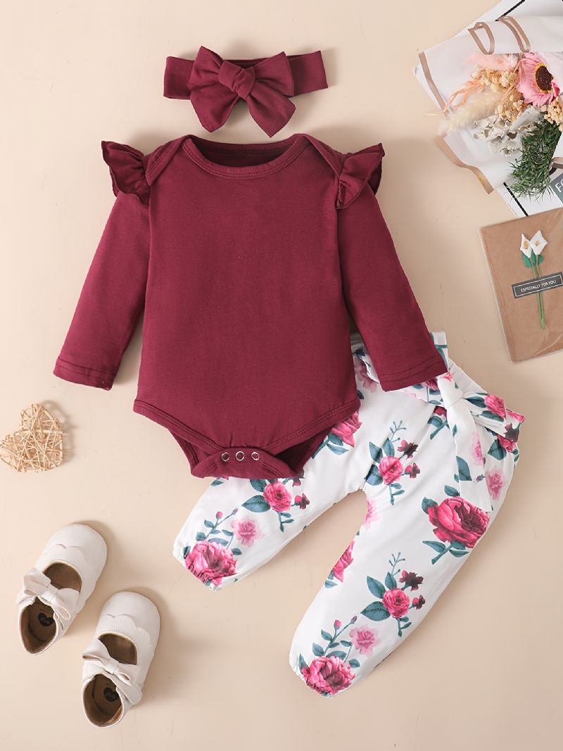 Babypiger Romper & Blomsterprint Bukser & Pandebånd Sæt Outfit Bodysuit Onesie Tøj