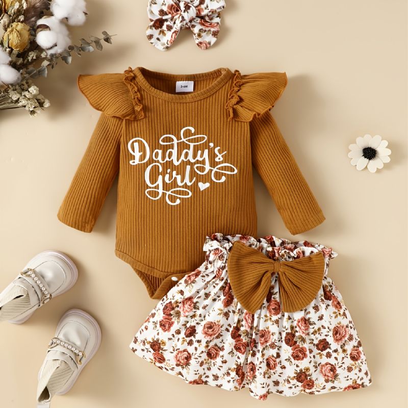 Babypiger Romper Langærmet Flæse-bodysuit & Ditsy-blomstret Nederdel & Pandebånd