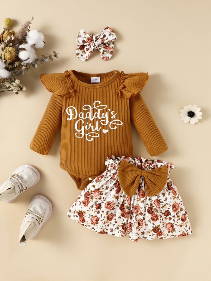 Babypiger Romper Langærmet Flæse-bodysuit & Ditsy-blomstret Nederdel & Pandebånd