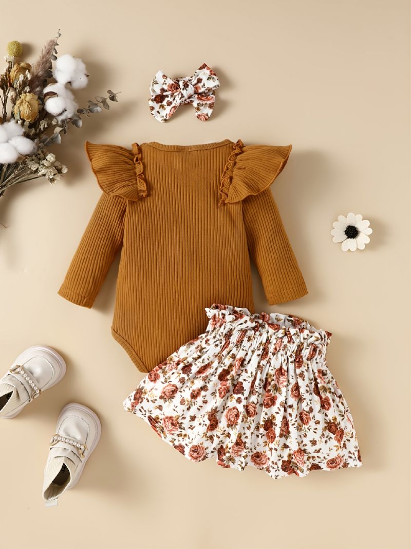 Babypiger Romper Langærmet Flæse-bodysuit & Ditsy-blomstret Nederdel & Pandebånd