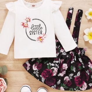 Babypiger Rose Grafisk Flæse Trim Top & Blomstertryk Suspender Nederdel Sæt
