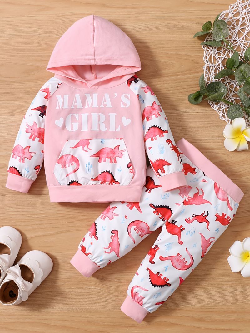 Babypiger Sød Dinosaur Print Hættetrøje & Bukser Sæt Til Vinter Pink
