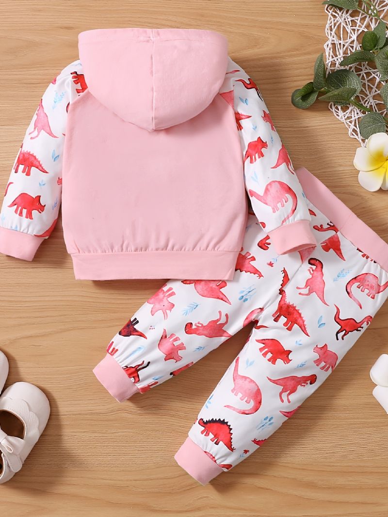 Babypiger Sød Dinosaur Print Hættetrøje & Bukser Sæt Til Vinter Pink