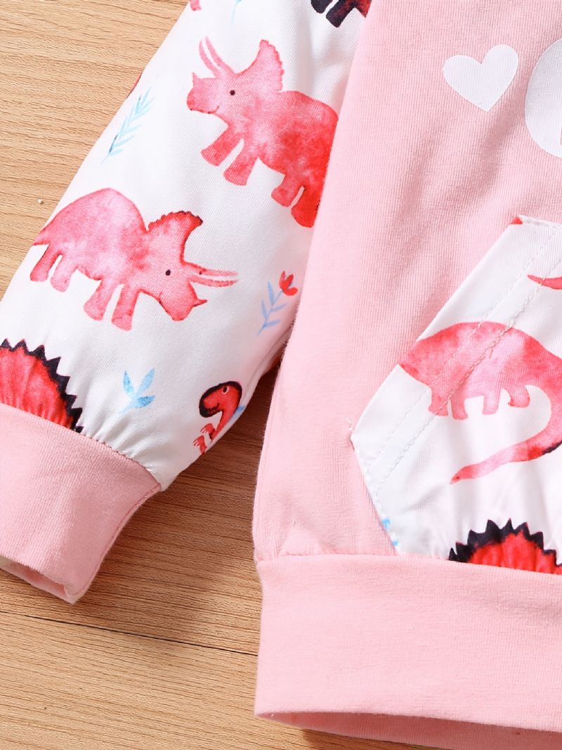 Babypiger Sød Dinosaur Print Hættetrøje & Bukser Sæt Til Vinter Pink