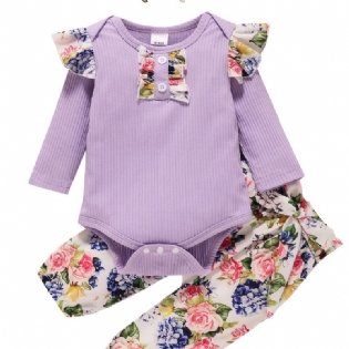 Babypiger Top Med Flæseærmer + Matchende Bukser Med Blomstermønster + Pandebåndsæt Babytøj