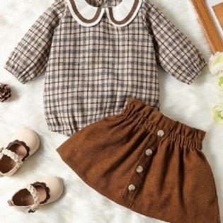 Babypiger Vintage Sødt Sæt Med Plaid Buksebukser & Elastisk Taljenederdel Til Vinter