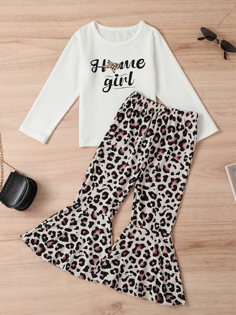 Babypigers Solid Langærmet Top & Leopardprintede Bukser Med Fladtryk