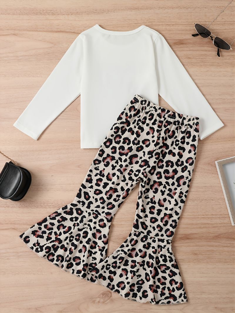 Babypigers Solid Langærmet Top & Leopardprintede Bukser Med Fladtryk