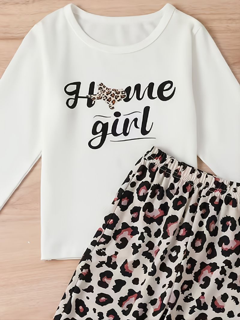 Babypigers Solid Langærmet Top & Leopardprintede Bukser Med Fladtryk