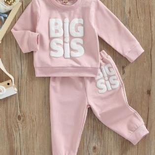 Børn Baby Piger Efterår/vinter Big Sis Trykt Sweatshirt & Jogger Joggingbukser Sæt Pink