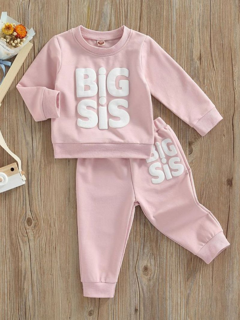 Børn Baby Piger Efterår/vinter Big Sis Trykt Sweatshirt & Jogger Joggingbukser Sæt Pink