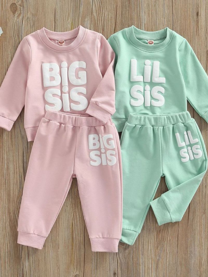 Børn Baby Piger Efterår/vinter Big Sis Trykt Sweatshirt & Jogger Joggingbukser Sæt Pink