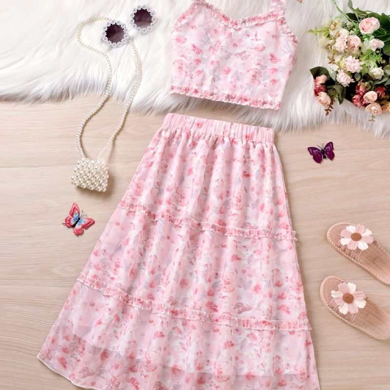 Børn Piger Blomsterprint Camisole & Nederdel Sæt Prinsesse Kjole Børnetøj