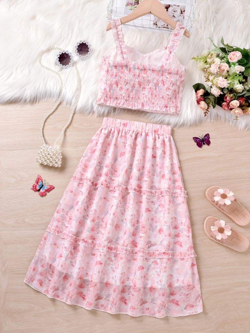 Børn Piger Blomsterprint Camisole & Nederdel Sæt Prinsesse Kjole Børnetøj