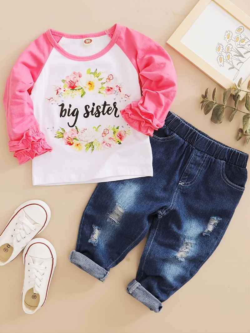 Børn Piger Blondeprint Langærmet T-shirt Jeanssæt