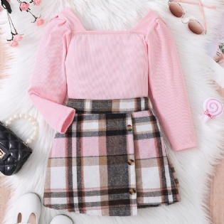 Børn Piger Pink Langærmet Top & Plaid Nederdel Sæt Forår Efterår