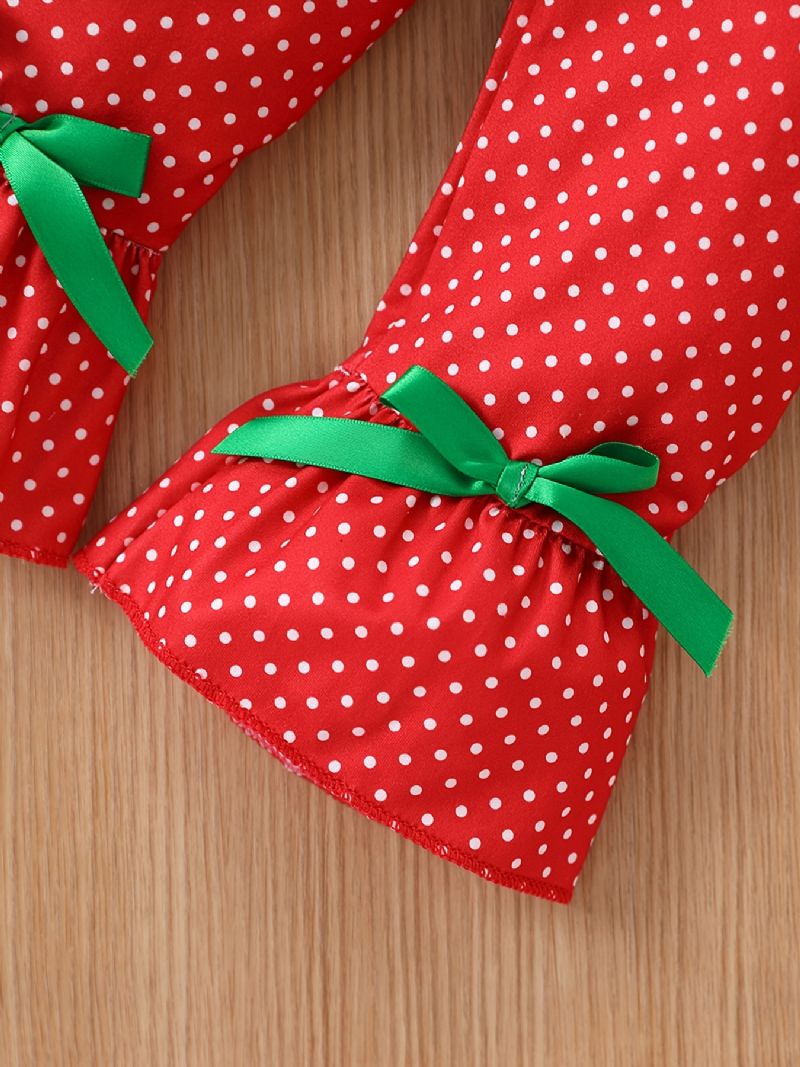 Børnejulesæt Babypiger Stribet Julemand Broderi Flare Ærmer Top Polka Dot Sløjfe Flared Bukser Sæt