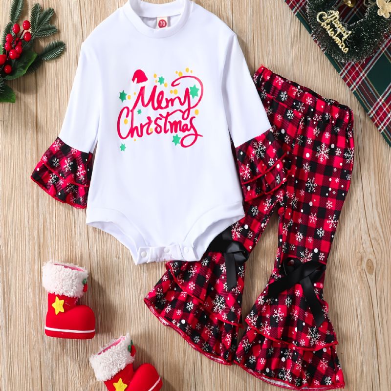 Christmas Set Børn Rompers Crew Neck Plaid Langærmet Flare Leg Bukser Sæt
