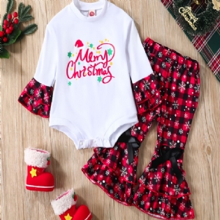 Christmas Set Børn Rompers Crew Neck Plaid Langærmet Flare Leg Bukser Sæt