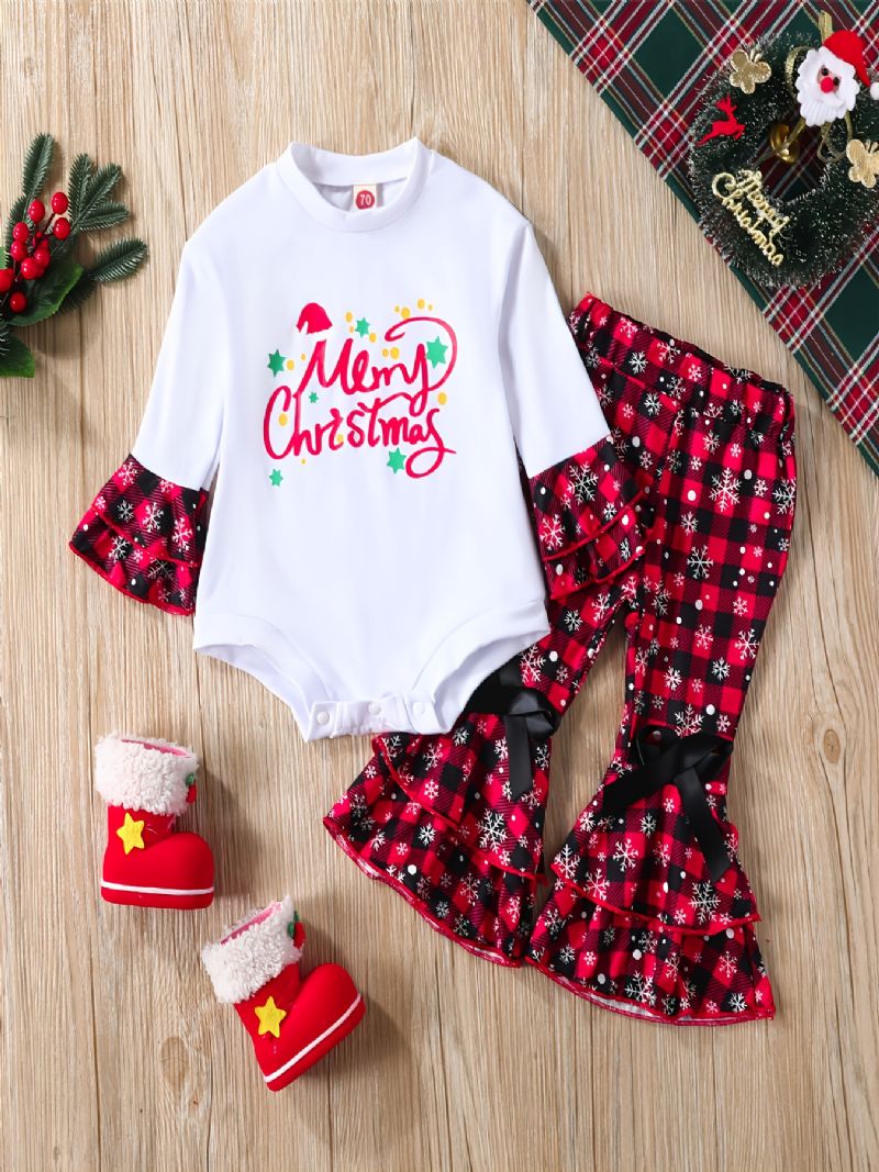 Christmas Set Børn Rompers Crew Neck Plaid Langærmet Flare Leg Bukser Sæt
