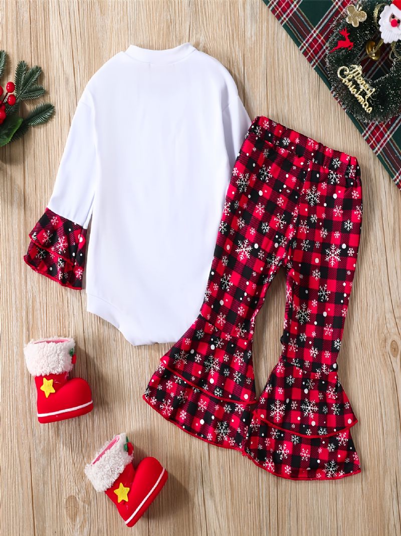 Christmas Set Børn Rompers Crew Neck Plaid Langærmet Flare Leg Bukser Sæt