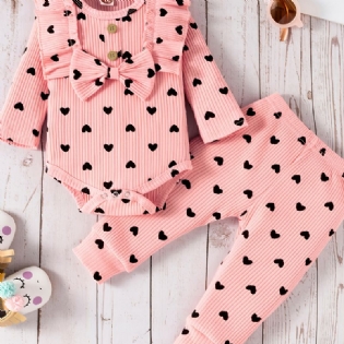 Efterår Vinter Baby Pige Hjerte Mønster Pink Bodysuit Sæt