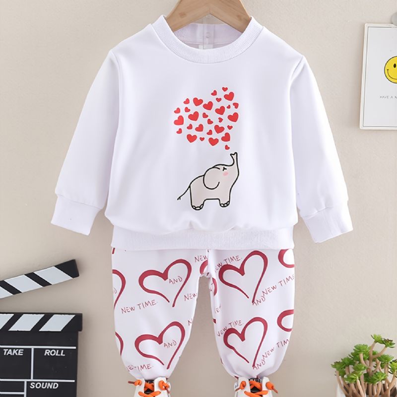 Efterår & Vinter Piger Elefant Hjerte Print Rund Hals Sweatshirt Bukser Sæt