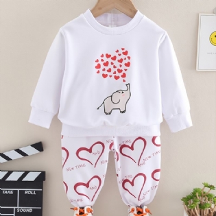 Efterår & Vinter Piger Elefant Hjerte Print Rund Hals Sweatshirt Bukser Sæt
