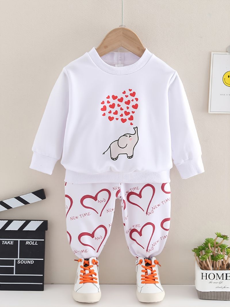 Efterår & Vinter Piger Elefant Hjerte Print Rund Hals Sweatshirt Bukser Sæt