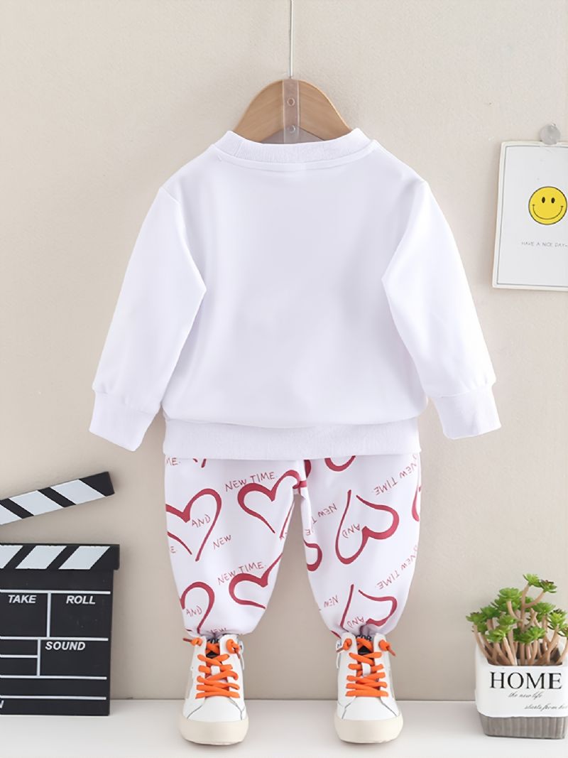 Efterår & Vinter Piger Elefant Hjerte Print Rund Hals Sweatshirt Bukser Sæt