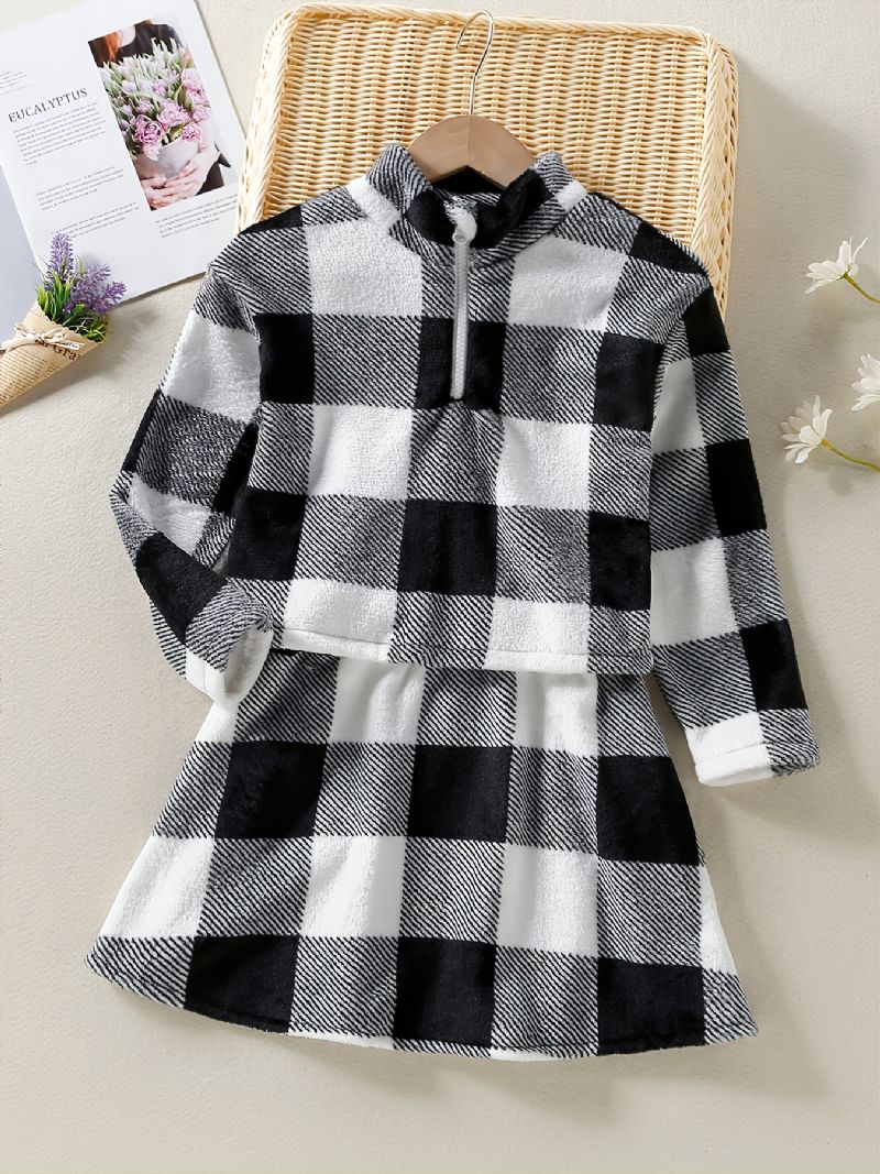Efterår Vinter Piger Mode Plaid Langærmede Toppe Nederdele Sæt