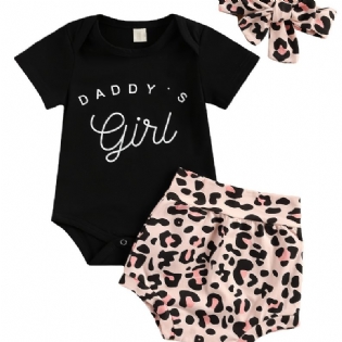 Kortærmet Spædbørn Romper Daddy's Piger Bogstavtryk Bodysuit & Leopardshorts & Pandebånd Sæt Til Babypiger Småbørnstøj