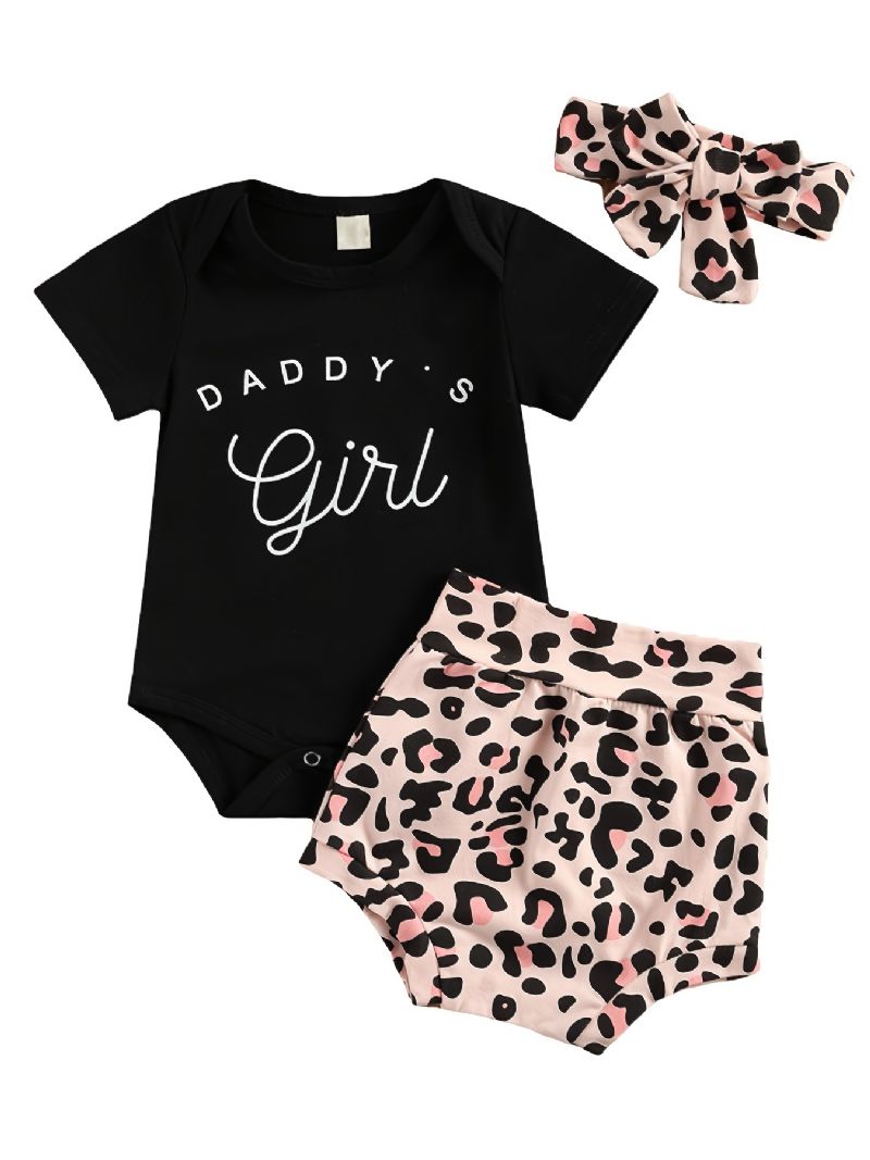 Kortærmet Spædbørn Romper Daddy's Piger Bogstavtryk Bodysuit & Leopardshorts & Pandebånd Sæt Til Babypiger Småbørnstøj