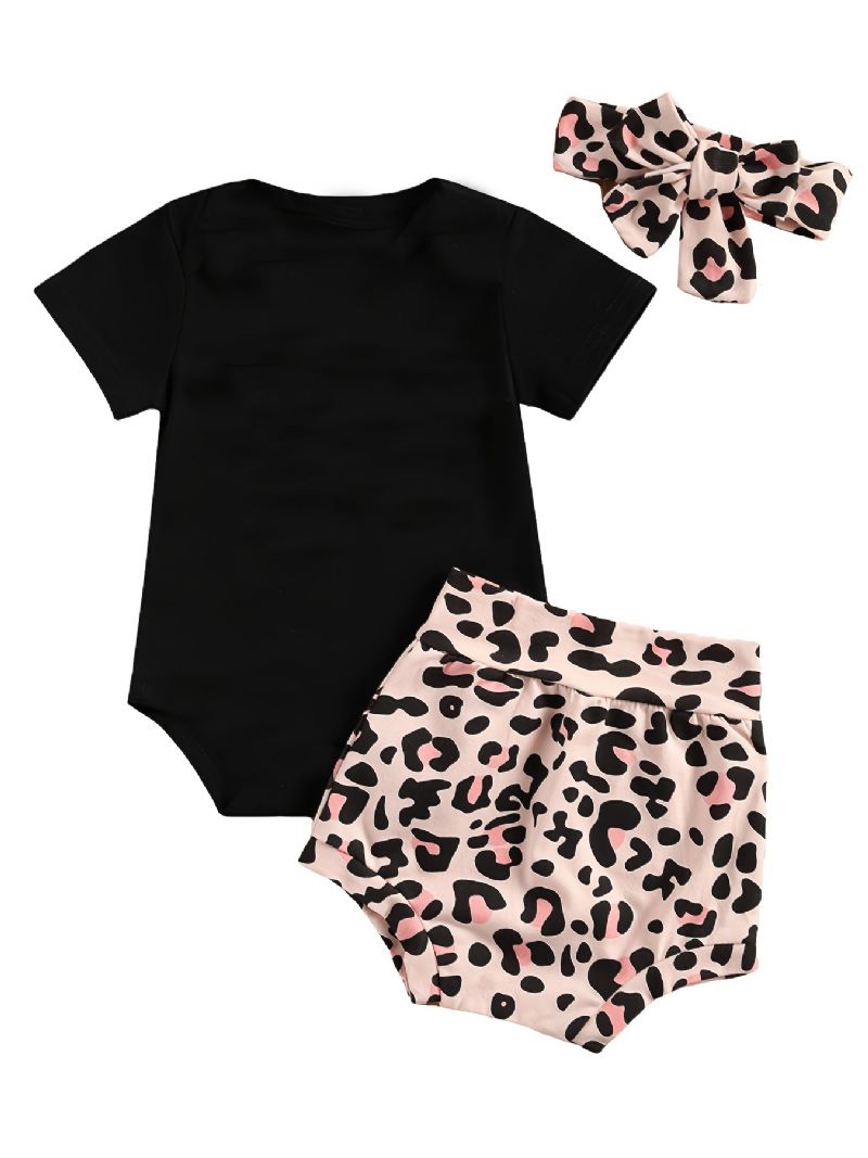 Kortærmet Spædbørn Romper Daddy's Piger Bogstavtryk Bodysuit & Leopardshorts & Pandebånd Sæt Til Babypiger Småbørnstøj