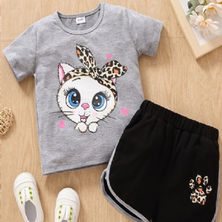 Kortærmet T-shirt Til Piger + Kort Tøj Med Leopardtryk Til Børn