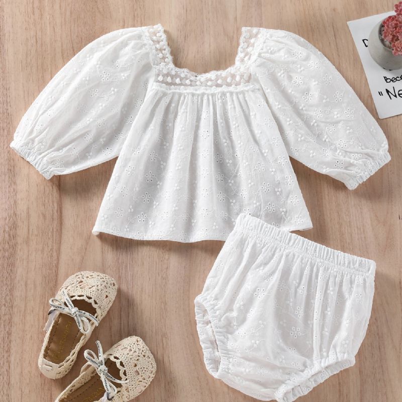Nyfødt Baby Pige Tøj Spædbarn Jacquard Blonder Firkantet Hals Top & Små Shorts Sæt