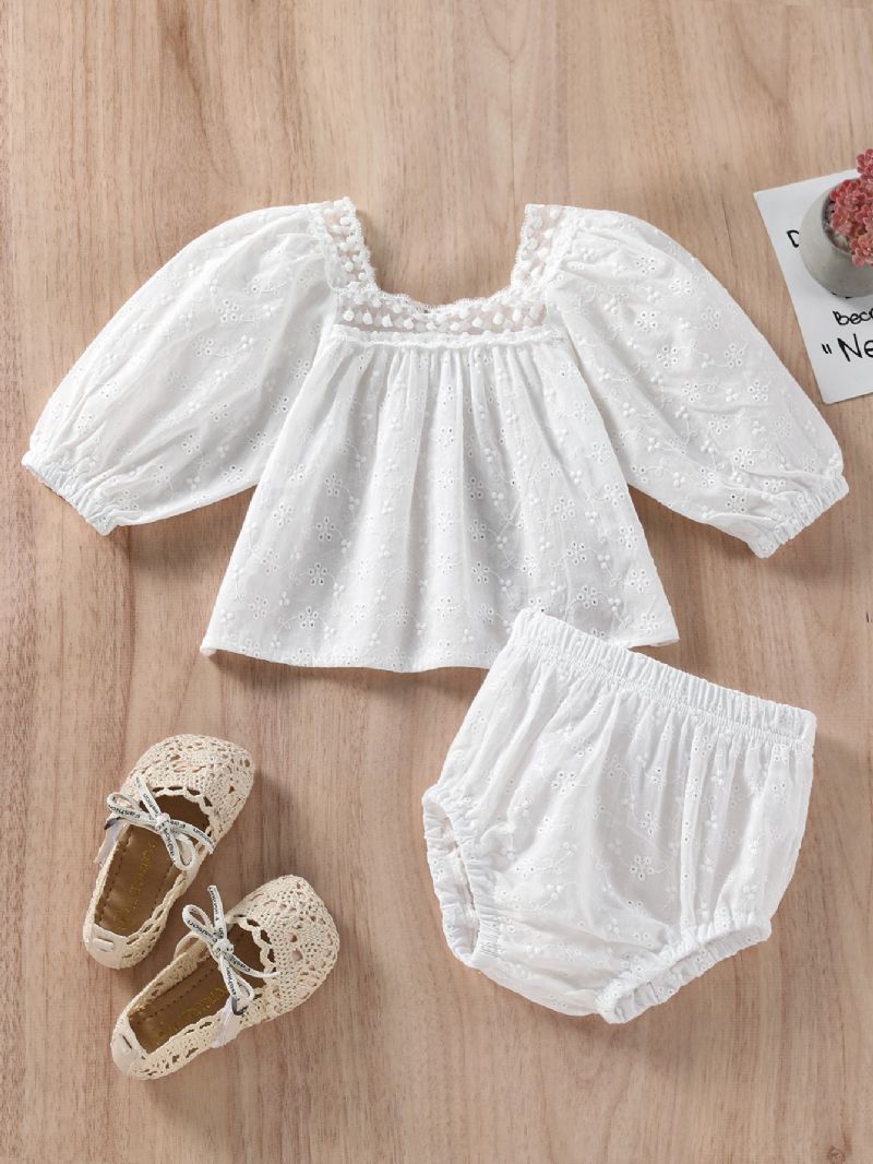 Nyfødt Baby Pige Tøj Spædbarn Jacquard Blonder Firkantet Hals Top & Små Shorts Sæt