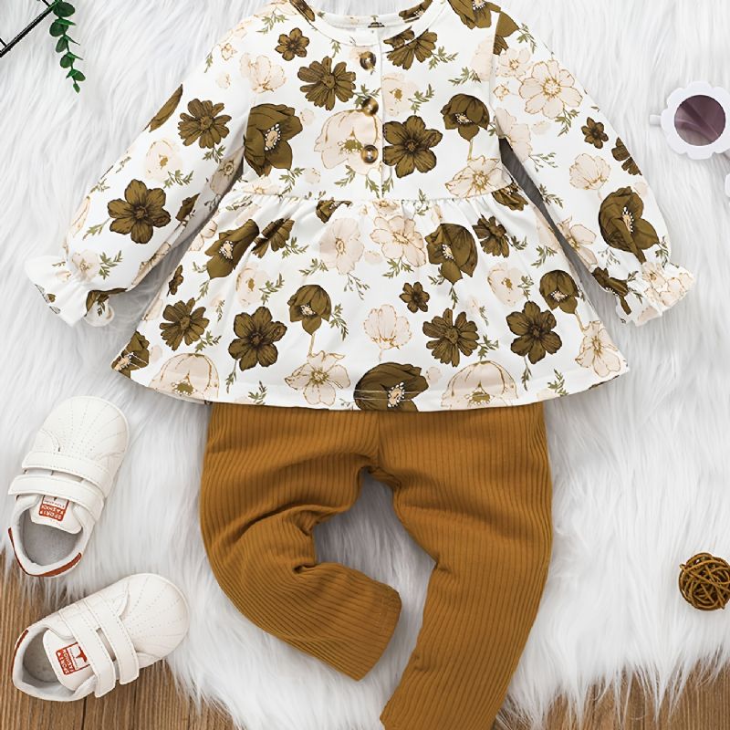 Nyfødt Babypige Blomstret Langærmet Top & Soild Lange Buksersæt