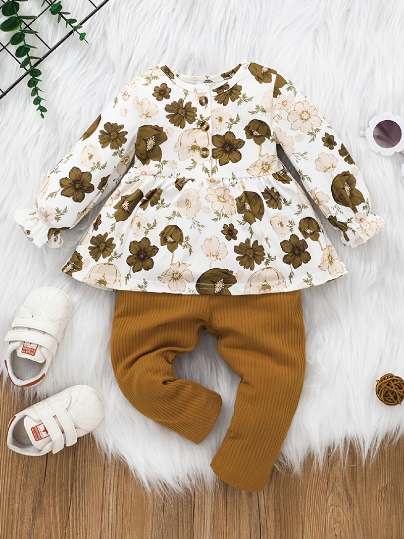 Nyfødt Babypige Blomstret Langærmet Top & Soild Lange Buksersæt