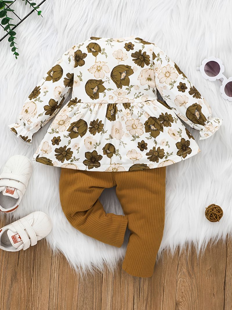 Nyfødt Babypige Blomstret Langærmet Top & Soild Lange Buksersæt