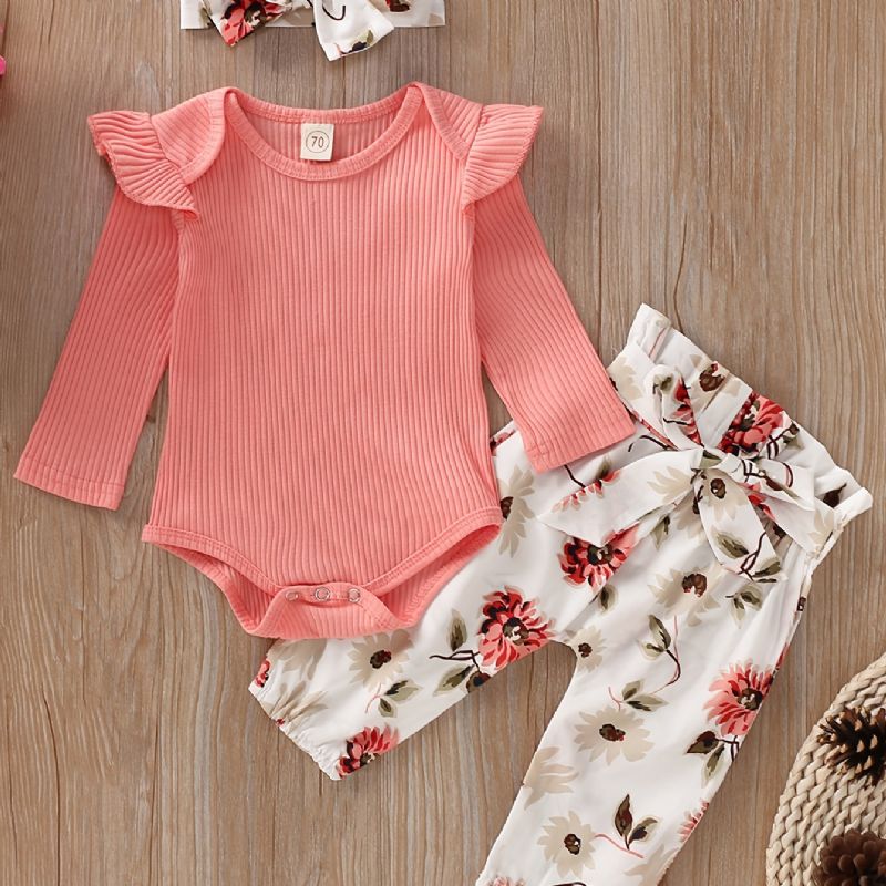Nyfødte Babypiger Flæse Langærmet Top & Blomsterprint Bukser & Pandebånd Sæt
