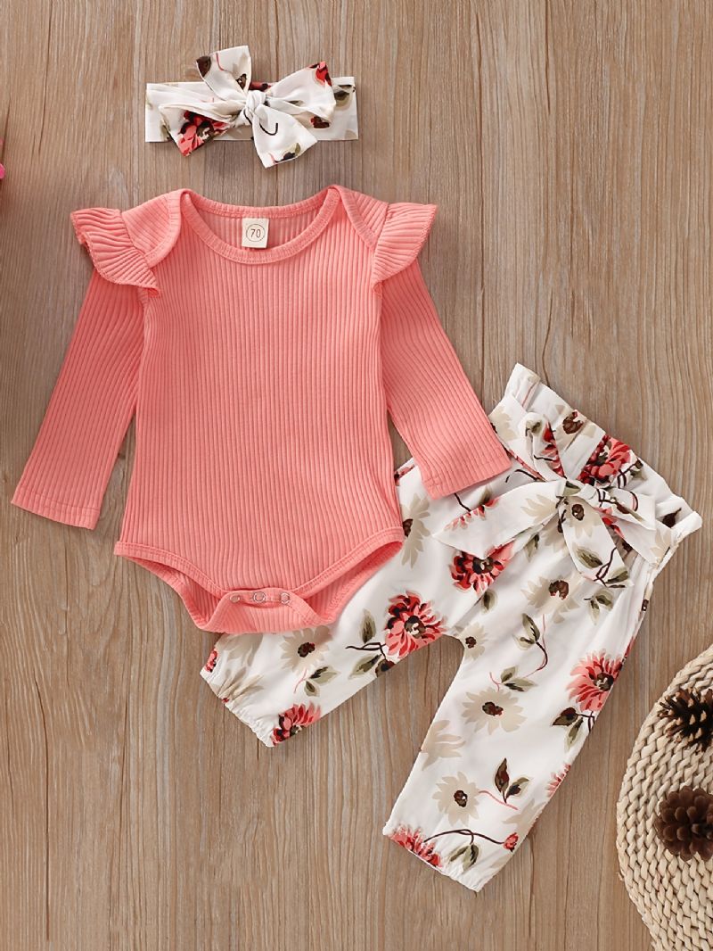Nyfødte Babypiger Flæse Langærmet Top & Blomsterprint Bukser & Pandebånd Sæt