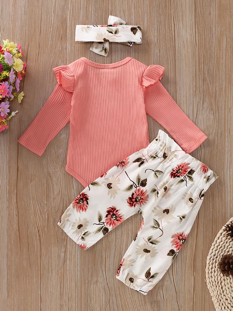 Nyfødte Babypiger Flæse Langærmet Top & Blomsterprint Bukser & Pandebånd Sæt